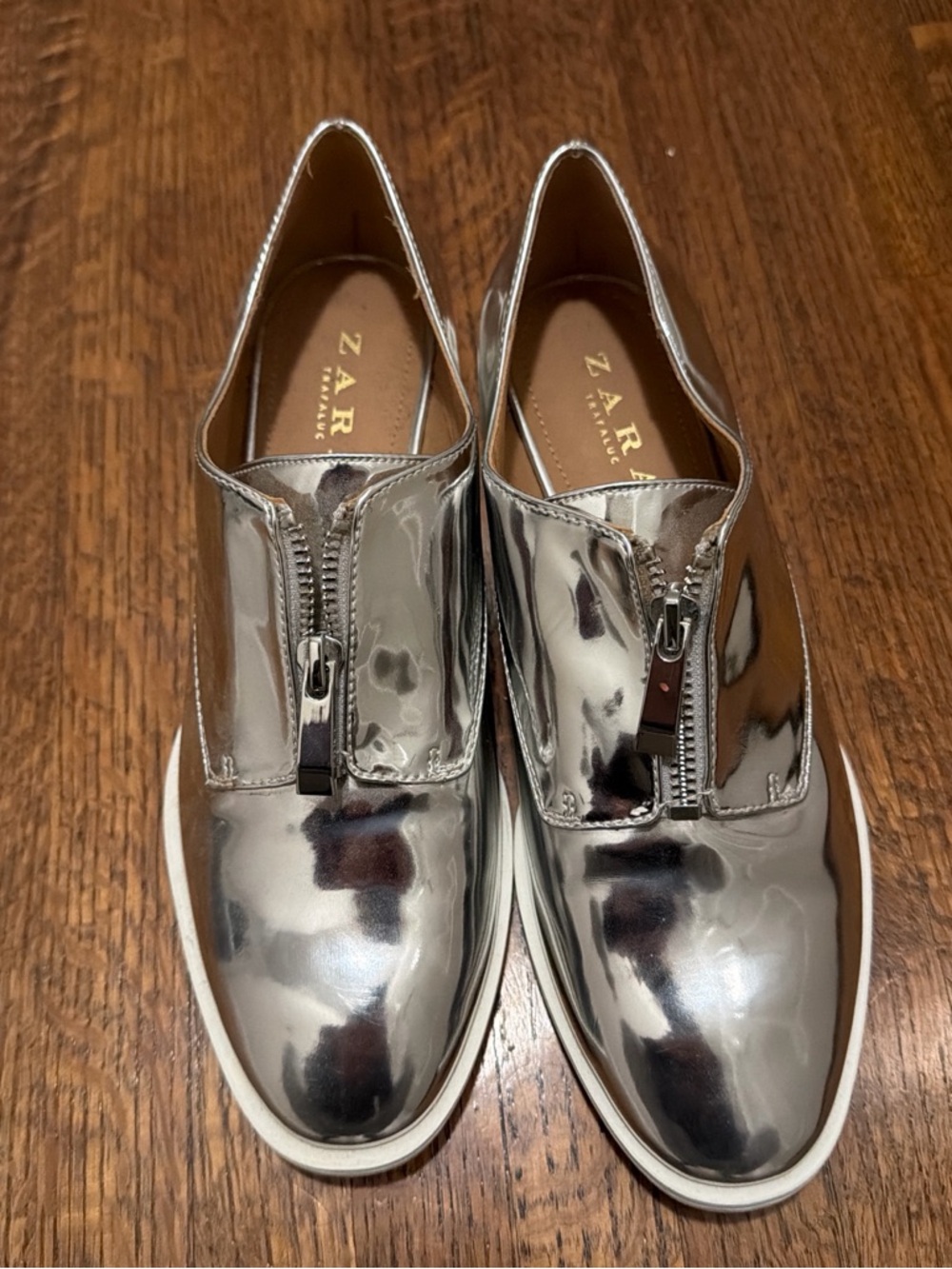 Zara Silver Metallic Zip-Front Women’s Slip-On Loafers